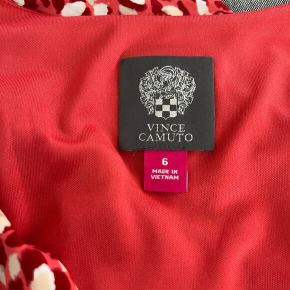 Vince Camuto Red Multi Printed Ruched Front Sleeveless V-Neck Midi Dress 6 NWOT - Picture 3 of 13